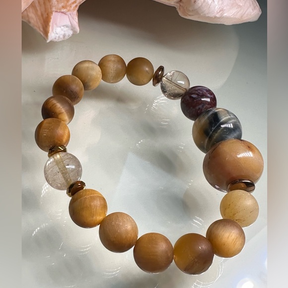 YELLOW TIGERS EYE + PIETERSITE + GOLD RUTILATED NATURAL STONES BRACELET size 7” - Picture 4 of 10